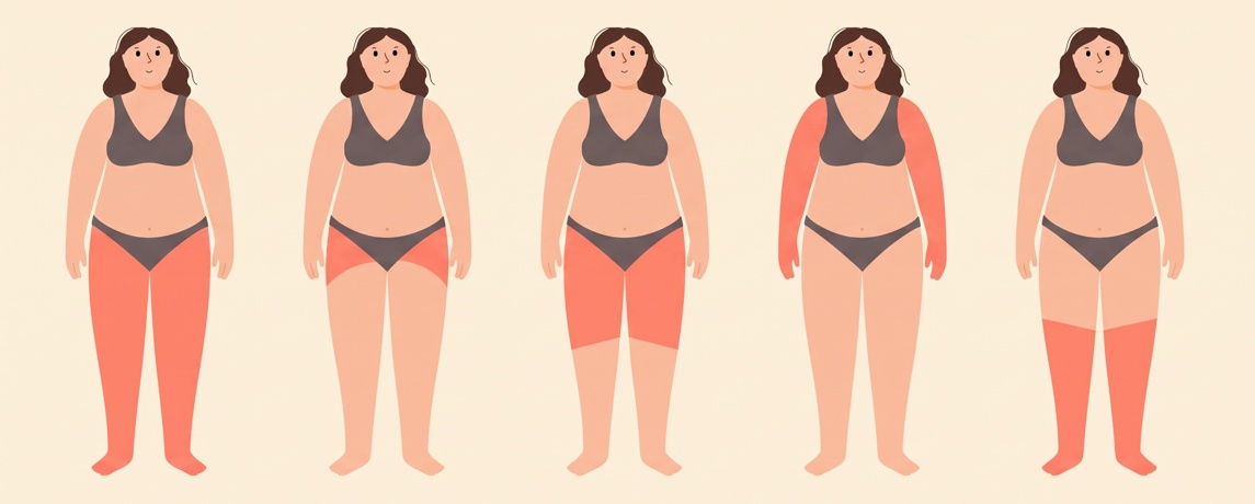 Five figures with coral highlights showing different lipedema distribution patterns: whole legs, hips and upper thighs, thighs to the knees, arms, and lower legs